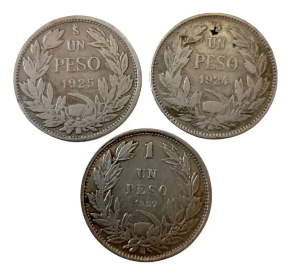 3 Monedas Chile 1 Peso 1924-1925-1927 Plata (p32 (Usado)