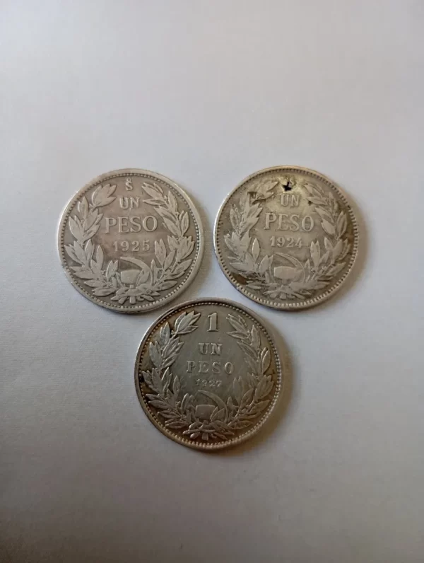 3 Monedas Chile 1 Peso 1924-1925-1927 Plata (p32 (Usado) - Imagen 2