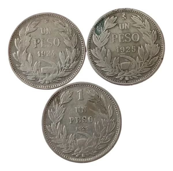 3 Monedas Chile 1 Peso 1924-1925-1927 Plata (p33 (Usado)