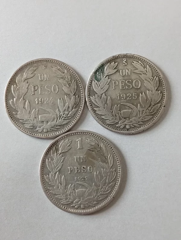 3 Monedas Chile 1 Peso 1924-1925-1927 Plata (p33 (Usado) - Imagen 2