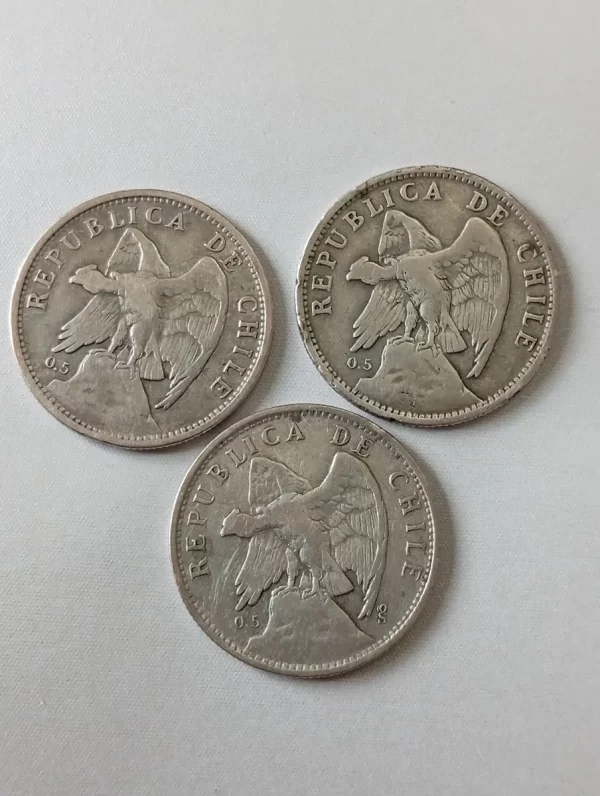 3 Monedas Chile 1 Peso 1924-1925-1927 Plata (p33 (Usado) - Imagen 3