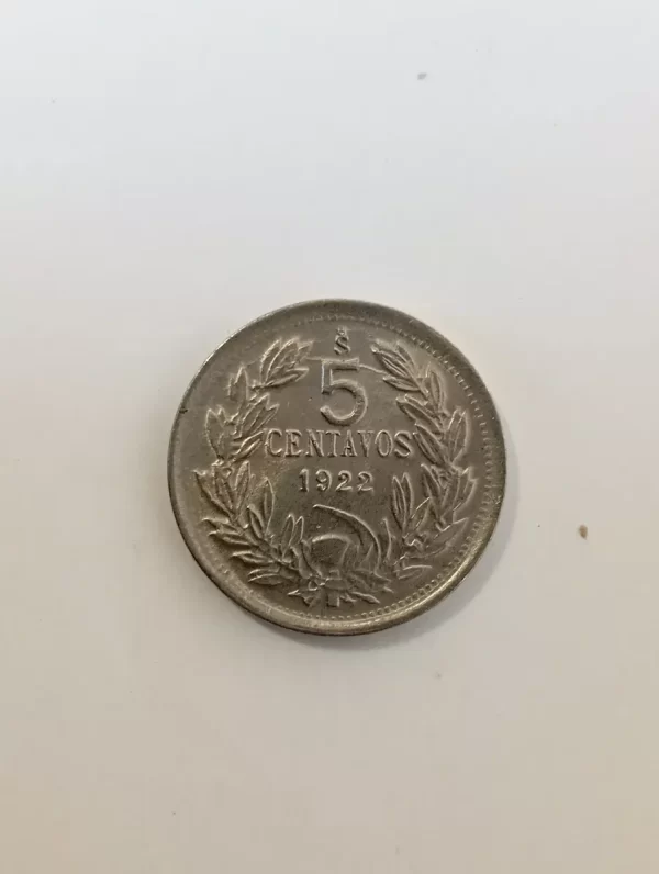 Moneda Chilena 5 Centavos 1922 Casi Unc(&359 (Usado) - Imagen 2