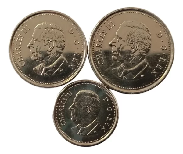 3 Monedas Canadá 5,10,25 Cents Rey Carlos 2023-2024 ( (Usado)